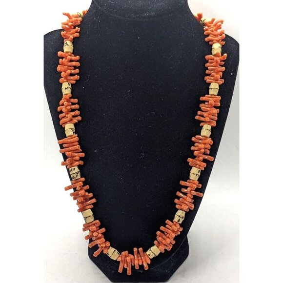 Vtg Beaded Necklace Faux Coral Orange Beads West Germany Round Box Clasp 24" - Picture 1 of 6